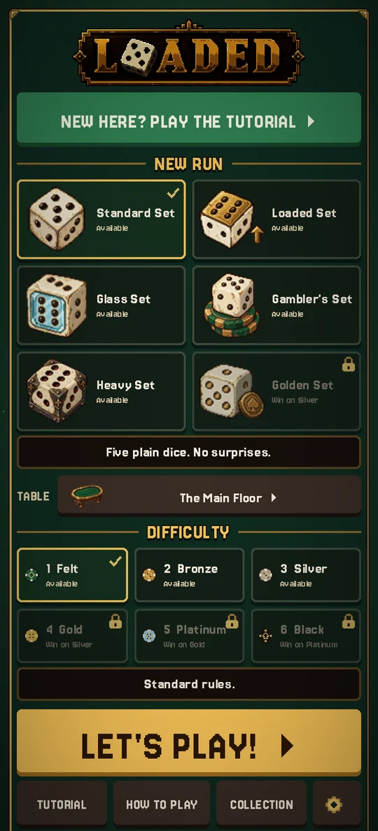 Main menu with sets and tables